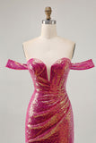 Sparkly Fuchsia Off The Shoulder Bodycon Sequin Short Prom Dress