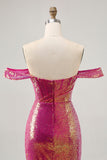 Sparkly Fuchsia Off The Shoulder Bodycon Sequin Short Prom Dress