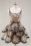 Black Apricot Sequined Tiered A Line Cocktail Dress