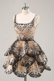 Black Apricot Sequined Tiered A Line Cocktail Dress