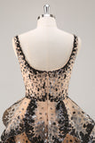Black Apricot Sequined Tiered A Line Cocktail Dress