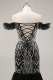 Off the Shoulder Beaded Mermaid Black Prom Dress