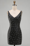 Sparkly Black Bodycon Pearl V-Neck Short Homecoming Dress with Beading