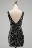 Sparkly Black Bodycon Pearl V-Neck Short Homecoming Dress with Beading