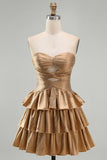 Golden Strapless A Line Tiered Cut Out Homecoming Dress with Beading