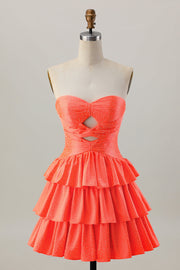 Orange Strapless Tiered A Line Cut Out Cocktail Dress with Beading
