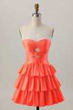 Orange Strapless Tiered A Line Cut Out Cocktail Dress with Beading