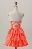Orange Strapless Tiered A Line Cut Out Cocktail Dress with Beading