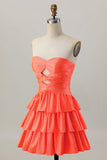 Orange Strapless Tiered A Line Cut Out Cocktail Dress with Beading