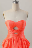 Orange Strapless Tiered A Line Cut Out Cocktail Dress with Beading