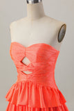 Orange Strapless Tiered A Line Cut Out Cocktail Dress with Beading