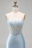 Strapless Light Blue Corset Bodycon Beaded Short Homecoming Dress with Slit