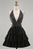 Black A-Line Deep V Neck Cut Out Short Homecoming Dress with Beading