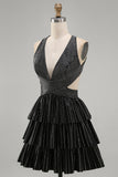 Black A-Line Deep V Neck Cut Out Short Homecoming Dress with Beading
