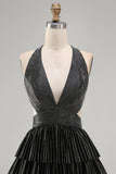 Black A-Line Deep V Neck Cut Out Short Homecoming Dress with Beading