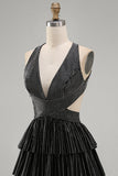 Black A-Line Deep V Neck Cut Out Short Homecoming Dress with Beading