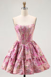 Off The Shoulder Printed A-Line Corset Cocktail Dress