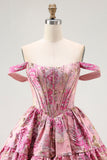 Off The Shoulder Printed A-Line Corset Cocktail Dress