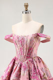 Off The Shoulder Printed A-Line Corset Cocktail Dress
