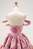 Off The Shoulder Printed A-Line Corset Cocktail Dress