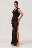 Black Red V Neck Ruched Sheath Long Bridesmaid Dress