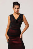 Black Red V Neck Ruched Sheath Long Bridesmaid Dress