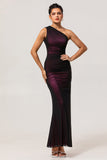 One Shoulder Black Pink Sheath Long Bridesmaid Dress with Slit