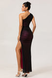 Black Pink One Shoulder Sheath Ruched Long Bridesmaid Dress
