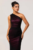 Black Pink One Shoulder Sheath Ruched Long Bridesmaid Dress