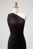 One Shoulder Black Pink Sheath Long Bridesmaid Dress with Slit