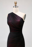 One Shoulder Black Pink Sheath Long Bridesmaid Dress with Slit