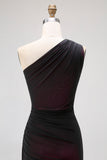 One Shoulder Black Pink Sheath Long Bridesmaid Dress with Slit