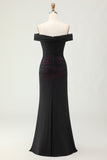 Off the Shoulder Sheath Black Pink Bridesmaid Dress with 3D Flower