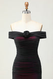 Off the Shoulder Sheath Black Pink Bridesmaid Dress with 3D Flower