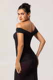 Black Pink Off the Shoulder Sheath Long Bridesmaid Dress