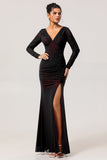 Black Red V Neck Ruched Sheath Long Sleeves Long Bridesmaid Dress with Slit