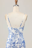 Printed Sheath White Blue Flower Long Wedding Guest Dress
