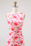 Pink Floral Sheath Boat Neck Print Long Bridesmaid Dress