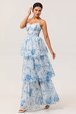 White Blue Flower A Line Printed Tiered Long Bridesmaid Dress with Slit