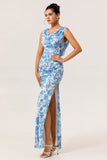 Blue Flower Cowl Neck Sheath Print Long Bridesmaid Dress with Slit