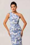 One Shoulder Sheath White Blue Flower Printed Long Bridesmaid Dress with Slit