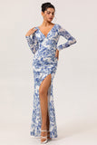 White Blue Flower V Neck Sheath Print Long Sleeves Bridesmaid Dress with Slit