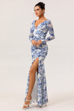 White Blue Flower V Neck Sheath Print Long Sleeves Bridesmaid Dress with Slit