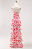 Pink Floral Ruffled Sheath Long Wedding Guest Dress with Slit