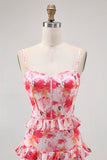 Pink Floral Ruffled Sheath Long Wedding Guest Dress with Slit