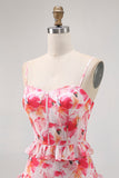 Pink Floral Ruffled Sheath Long Wedding Guest Dress with Slit
