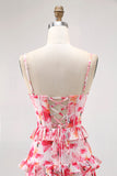 Pink Floral Ruffled Sheath Long Wedding Guest Dress with Slit