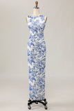 Floral Printed Bodycon White Blue Long Wedding Guest Dress