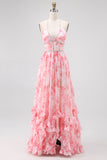 Blush Beaded Halter Printed Floral Wedding Guest Dress with Slit