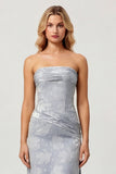 Dusty Blue Print Strapless Sheath Ruched Midi Dress with Slit